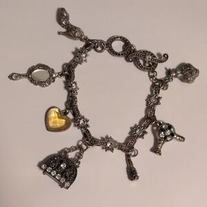 Vintage Style Silver Tone Charm Bracelet – Heart, Purse, Floral & Dangle Charms